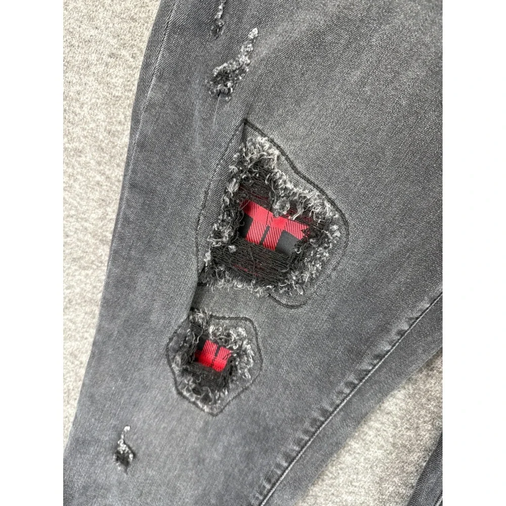Judy Blue Skinny Distressed Plaid Patch Jeans Faded Black JB82191BK Womens 15/32